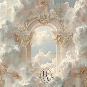 May include: A digital illustration of a white, ornate archway with gold accents, set against a background of fluffy white clouds. The archway appears to be in the sky, with a blue sky visible through the arch. The text "Digital Artistry Creations" is visible in the lower right corner of the image.