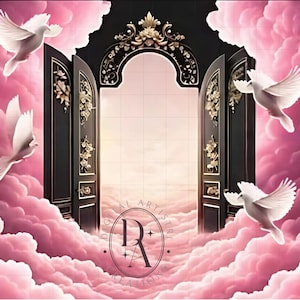 May include: A pair of ornate black doors with gold accents open to reveal a white archway. The doors are surrounded by fluffy pink clouds and white doves are flying around them. The text "DIGITAL ARTISTRY CREATIONS" is visible in the bottom centre of the image.