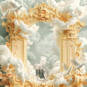 Puede incluir: Un arco dorado adornado con intrincados detalles, rodeado de nubes blancas esponjosas contra un cielo azul claro. Dos palomas blancas vuelan cerca de la parte superior del arco.