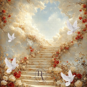 May include: A white dove flies towards a stairway leading up to a cloudy sky. The stairway is surrounded by red and white flowers. The image has a dreamy, ethereal feel.