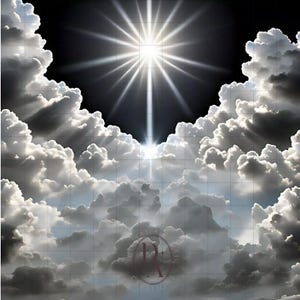 Könnte beinhalten: Ein heller weißer Stern strahlt durch eine Schicht weißer Wolken vor einem schwarzen Hintergrund. Die Strahlen des Sterns erstrecken sich nach außen und erzeugen eine dramatische und himmlische Szene.