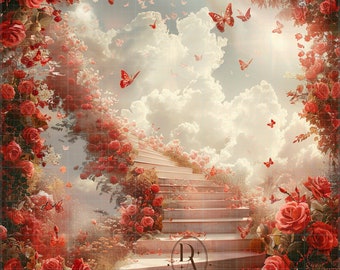Fondo conmemorativo en memoria amorosa, botón conmemorativo, programa funerario, invitación funeraria, cielo rojo, floral, obituario, descarga instantánea, archivo PNG