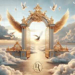 Puede incluir: Un arco dorado con detalles ornamentados, rodeado de nubes y palomas blancas, conduce a un espacio brillante y etéreo. El arco está decorado con acentos florales y tiene un logotipo "Digital Artistry Creations" en la base.