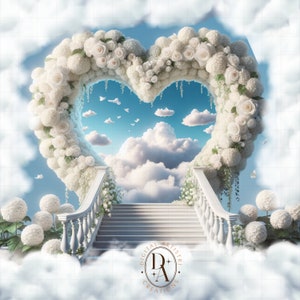 Puede incluir: Un arco de corazón floral blanco con una escalera blanca que conduce a un cielo nublado. El arco está hecho de rosas blancas e hortensias. La escalera está hecha de mármol blanco. El cielo es azul con nubes blancas. El texto "DIGITAL ARTISTRY CREATIONS" está en la parte inferior de la imagen.