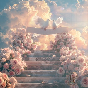 Könnte beinhalten: Zwei weiße Tauben sitzen auf einem weißen Banner vor einem Hintergrund aus fluffigen weißen Wolken und rosafarbenen Rosen. Die Tauben schauen sich an und scheinen zu fliegen. Das Banner ist über eine Steintreppe gelegt.