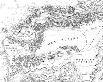 May include: A detailed black and white map featuring geographical elements such as mountains, plains, and bodies of water. The map includes text labels like "Dry Plains," "Southern Steppes," and "The North Lantian." The style is reminiscent of a fantasy or historical map.