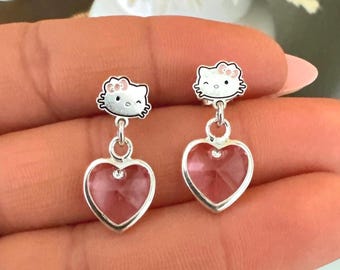 925 sterling silver /kitty/dangle earrings/CZ heart/Hello/kitty/jewerly/handmade/cutejewerly/kitty fans/giftsforher/gifts/pink girls gifts