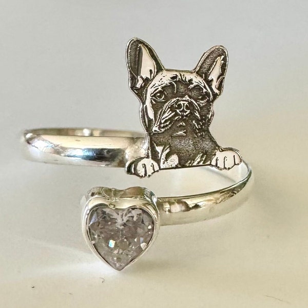 925 sterling silver French bulldog ring with white C/Z laser engraved,dogmom,gifts for her,minimalist jewelry,laser engraved jewelry