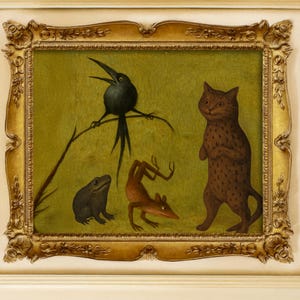 Póster de animales del Renacimiento, estilo Jerónimo Bosch, decoración vintage, surrealista, extraña, bizarra, antigua, pintura al óleo.