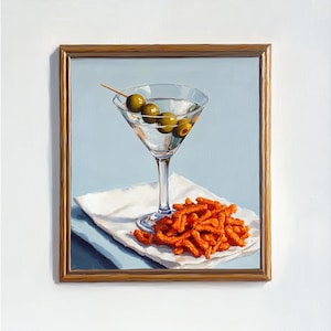 Martini Oil Painting Hot Cheetos Junk Food Poster Bar Cart Decor Still Life antique vintage Modern Drink alcohol fine art print gallery wall