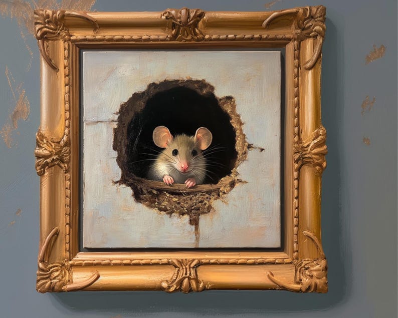 Mouse oil painting still life farmhouse gallery wall home decor cottagecore custom cute animal whimsical folk vintage rustic country poster quirky countryside aesthetic cozy vibes unique artwork rural accent piece artistic farmhouse gift collectible countryside inspiration cozy interior farmhouse adorable fairycore antique unique unusual eclectic handcrafted quirky collector european storybook hand painted personalizable rat painting watercolor portrait illustration impasto vintage woodland old