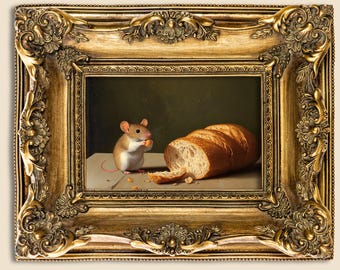 Peinture à l'huile d'une souris, art du rat, affiche originale unique, nature morte, pain, ferme, cuisine, galerie, décoration murale, cottagecore, boulanger, animal