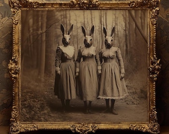 Vintage photography poster print dark academia Gothic occult witchcraft home decor wall art mystical rabbit cult antique creepy haunted odd
