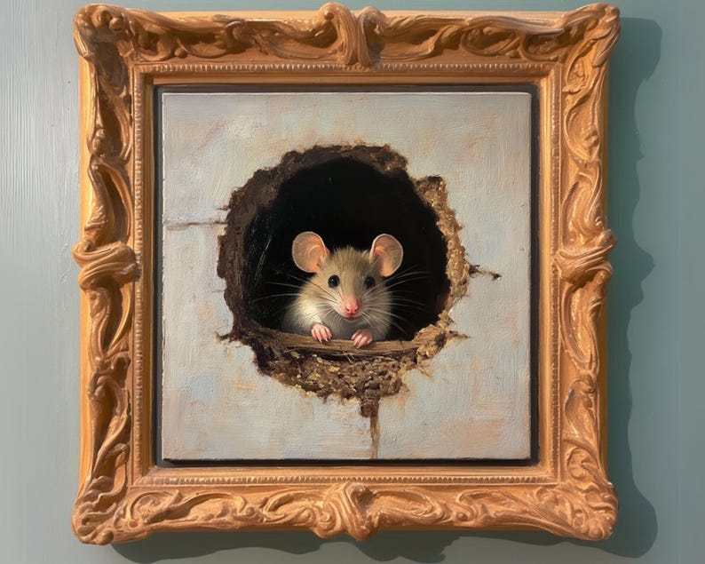Mouse oil painting still life farmhouse gallery wall home decor cottagecore custom cute animal whimsical folk vintage rustic country poster quirky countryside aesthetic cozy vibes unique artwork rural accent piece artistic farmhouse gift collectible countryside inspiration cozy interior farmhouse adorable fairycore antique unique unusual eclectic handcrafted quirky collector european storybook hand painted personalizable rat painting watercolor portrait illustration impasto vintage woodland old