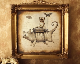 Vintage Cat Poster Print Collage Butterfly fish book antique tea stain art gift wierdcore cottagecore light acedemia whimiscore fairycore