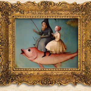 Weird Renaissance Art Fish Poster Print Hieronymus Bosch Style Weirdcore Vintage Decor Antique surreal strange bizzare old oil painting gift