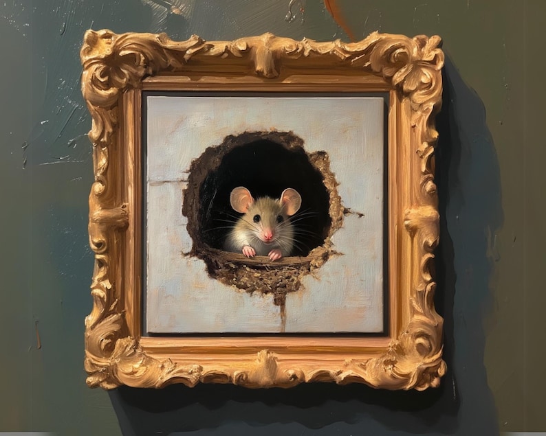 Mouse oil painting still life farmhouse gallery wall home decor cottagecore custom cute animal whimsical folk vintage rustic country poster quirky countryside aesthetic cozy vibes unique artwork rural accent piece artistic farmhouse gift collectible countryside inspiration cozy interior farmhouse adorable fairycore antique unique unusual eclectic handcrafted quirky collector european storybook hand painted personalizable rat painting watercolor portrait illustration impasto vintage woodland old