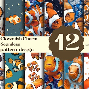 Puede incluir: Un conjunto de 12 patrones sin costuras con peces payaso en varias poses y fondos. Los patrones son perfectos para crear diseños digitales o impresos para telas, papel tapiz, papel de regalo y más.  Clownfish Charm Seamless pattern design. Commercial use.