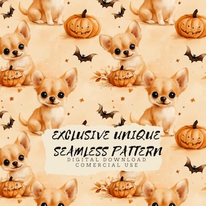 Puede incluir: Un patrón sin costuras que presenta un lindo cachorro chihuahua con una calabaza y murciélagos sobre un fondo naranja claro. El texto "EXCLUSIVE UNIQUE SEAMLESS PATTERN DIGITAL DOWNLOAD COMMERCIAL USE" está en el centro de la imagen.