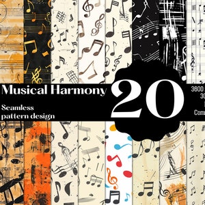 Puede incluir: Un conjunto de 20 patrones digitales sin costuras que presentan notas musicales en varios estilos. Los patrones son en negro, blanco, dorado, naranja y azul sobre un fondo blanco o negro. Los patrones son de 3600 x 3600 píxeles y 300 DPI. Son archivos PNG y se pueden utilizar con fines comerciales.