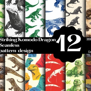 Puede incluir: Doce patrones digitales sin costuras con dragones de Komodo en varias poses y colores. Los patrones son de 3600 x 3600 píxeles, 300 DPI, en formato PNG y para uso comercial.