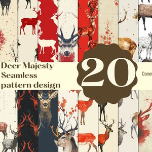 Puede incluir: Un conjunto de 20 patrones digitales sin costuras que presentan ilustraciones de acuarela de ciervos en varias poses y colores. Los patrones son perfectos para manualidades, scrapbooking y otros proyectos creativos.  "Deer Majesty Seamless pattern design" y "Commercial use" están escritos en la imagen.