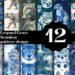Puede incluir: Un conjunto de 12 patrones digitales sin costuras con diseños de leopardo de las nieves en azul, blanco y dorado. Los patrones son perfectos para crear fondos, diseños de telas y otros proyectos creativos. El texto "Leopard Grace Seamless pattern design" se muestra en la imagen.