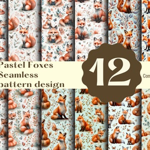 Puede incluir: Doce patrones sin costuras con zorros de color pastel con mariposas y elementos florales sobre un fondo azul claro. El texto "Pastel Foxes Seamless pattern design" y "Commercial use" también se incluyen en la imagen.