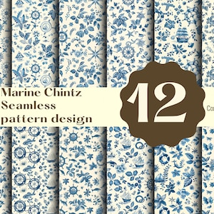Puede incluir: Doce patrones sin costuras de temática náutica en azul y blanco con una variedad de diseños que incluyen anclas, barcos y timones. Los patrones están sobre un fondo crema. El texto "Marine Chintz Seamless pattern design" está en la parte superior de la imagen. El número "12" está en un círculo marrón en el centro de la imagen. El texto "Commercial use" está en la parte inferior derecha de la imagen.
