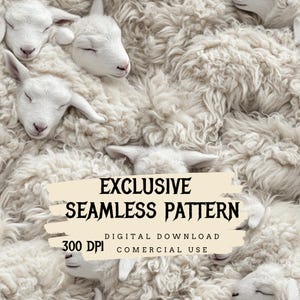 Puede incluir: Diseño de patrón sin costuras con múltiples corderos blancos metidos en lana esponjosa de color blanquecino. Los corderos tienen los ojos cerrados y la nariz rosada. El texto "EXCLUSIVE SEAMLESS PATTERN" se muestra en una pancarta beige.
