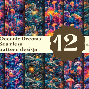 Puede incluir: Un conjunto de 12 patrones sin costuras que presentan una escena submarina vibrante con delfines, medusas, corales y estrellas. Los patrones son perfectos para crear diseños únicos para telas, papel tapiz y otros proyectos creativos. El texto "Oceanic Dreams Seamless pattern design" y "12" es visible en la imagen.