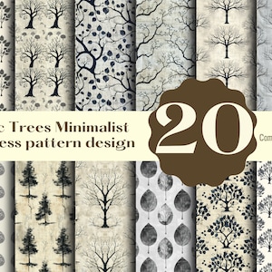 Puede incluir: Un conjunto de 20 patrones digitales sin costuras que presentan árboles nórdicos minimalistas en blanco y negro sobre un fondo beige. Los patrones son perfectos para proyectos de manualidades, scrapbooking y diseño digital. Se permite el uso comercial.