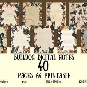 Puede incluir: 40 páginas A4 imprimibles con un diseño de Bulldog Francés. Las páginas tienen un fondo rayado con un borde de Bulldogs Franceses. El texto "BULLDOG DIGITAL NOTES 40 PAGES A4 PRINTABLE" está en la parte inferior de la imagen.