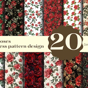 May include: A set of 20 digital seamless patterns featuring red roses in various arrangements. The patterns are perfect for crafting, scrapbooking, and other creative projects. Commercial use is allowed.
