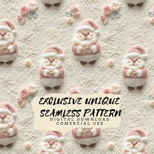 Puede incluir: Un patrón sin costuras con figuras de Papá Noel de punto rosa y blanco con barbas blancas y mejillas sonrosadas. El fondo es de color crema con un delicado patrón floral. El texto "EXCLUSIVE UNIQUE SEAMLESS PATTERN DIGITAL DOWNLOAD COMERCIAL USE" se muestra en la imagen.