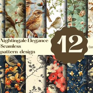 Puede incluir: Un conjunto de 12 patrones sin costuras que presentan varias aves, flores y ramas. Los patrones son de varios colores, incluidos azul, verde, rojo y amarillo. El texto "Nightingale Elegance Seamless pattern design" y "Commercial use" también se incluye en la imagen.