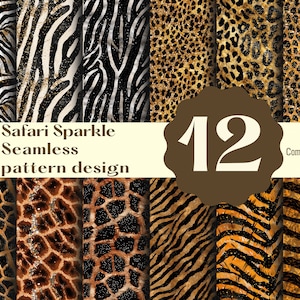 Puede incluir: Doce diseños de papel digital con estampados de animales brillantes en negro, marrón y dorado. Los estampados incluyen patrones de cebra, leopardo, jirafa y tigre. El texto "Safari Sparkle Seamless pattern design" se muestra en una pancarta blanca.