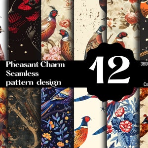 Puede incluir: Un conjunto de 12 patrones digitales sin costuras que presentan pájaros faisán coloridos y diseños florales. Los patrones son de 3600 x 3600 píxeles, 300 DPI y en formato PNG. Son para uso comercial.