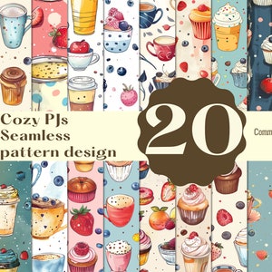 Puede incluir: Un conjunto de 20 patrones digitales sin costuras con ilustraciones de acuarela de tazas de café, cupcakes y bayas. Los patrones son perfectos para crear fondos, papel de regalo y otros proyectos de manualidades. El texto "Cozy PJs Seamless pattern design" y "Commercial use" está incluido en la imagen.