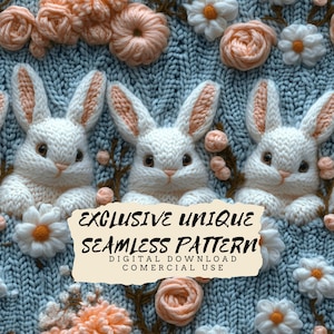 Nahtloses 3D-Strickmuster „Häschen“ – süßes und gemütliches Design, wiederholbar für Stoff, Babyprojekte, Heimdekoration, hochauflösender digitaler Download