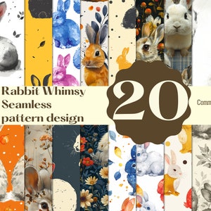 Puede incluir: Un collage de 20 patrones sin costuras diferentes con conejos lindos en varias poses y entornos. Los patrones son perfectos para manualidades, scrapbooking y otros proyectos creativos. El texto "Rabbit Whimsy Seamless pattern design" y "Commercial use" es visible en la imagen.