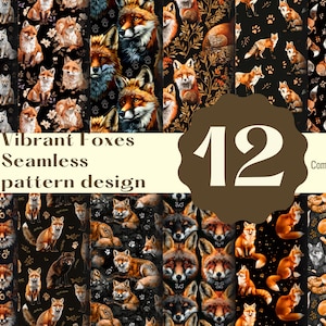 Puede incluir: Un conjunto de 12 patrones digitales sin costuras con zorros vibrantes sobre un fondo negro. Los patrones son perfectos para telas, papel tapiz y otros proyectos creativos. El texto "Vibrant Foxes Seamless pattern design" está incluido en la imagen.