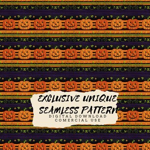 Puede incluir: Un patrón sin costuras con un diseño repetitivo de caras de calabaza naranja y negra sobre un fondo morado. El texto "EXCLUSIVE UNIQUE SEAMLESS PATTERN DIGITAL DOWNLOAD COMERCIAL USE" está en una superposición de papel blanco rasgado.