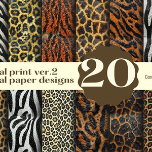 Puede incluir: Un conjunto de 20 diseños de papel digital con varios estampados de animales, incluyendo cebra, leopardo y tigre. Los diseños están en un estilo desgastado, con un efecto de pintura agrietada. El texto "Animal print ver.2 digital paper designs" y "Commercial use" está incluido en la imagen.