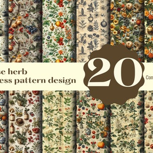 Puede incluir: Un conjunto de 20 patrones digitales sin costuras con ilustraciones de hierbas chinas, flores y frutas. Los patrones son de estilo vintage y son perfectos para usar en scrapbooking, creación de tarjetas y otros proyectos de manualidades. Se permite el uso comercial.