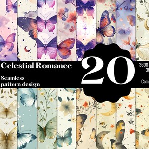 Puede incluir: Un conjunto de 20 patrones digitales sin costuras que presentan mariposas, flores y elementos celestiales pintados con acuarela. Los patrones están en una paleta de colores suaves de azules, rosas y amarillos. El texto "Celestial Romance" y "Seamless pattern design" está incluido en la imagen.
