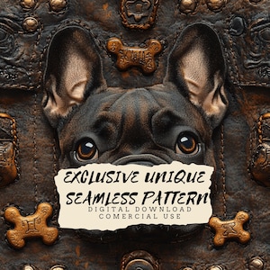 Puede incluir: Un patrón sin costuras que presenta un primer plano de la cara de un Bulldog Francés sobre un fondo de cuero marrón con tachuelas metálicas y detalles en forma de hueso. El texto "EXCLUSIVE UNIQUE SEAMLESS PATTERN DIGITAL DOWNLOAD COMERCIAL USE" está en una etiqueta de papel blanco.