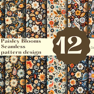 Puede incluir: Doce patrones florales de paisley sin costuras en una variedad de colores, incluyendo azul, amarillo, rojo y blanco. Los patrones están sobre un fondo negro. El texto "Paisley Blooms Seamless pattern design" y "Commercial use" también están incluidos en la imagen.