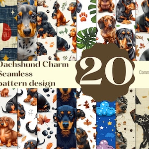May include: A set of 20 digital seamless patterns featuring adorable Dachshunds in various poses and settings. The patterns include autumn leaves, paw prints, stars, clouds, and more.  Dachshund Charm Seamless pattern design. Commercial use.