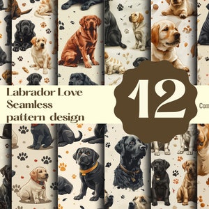 Puede incluir: Un diseño de patrón sin costuras que presenta Labrador Retrievers en varios colores, incluidos negro, marrón y amarillo. Los perros se representan en diferentes poses, incluyendo sentados, de pie y corriendo. El fondo es de color beige claro con huellas de patas. El texto "Labrador Love Seamless pattern design" y "12" también se incluyen en la imagen. El texto "Commercial use" también se incluye en la imagen.